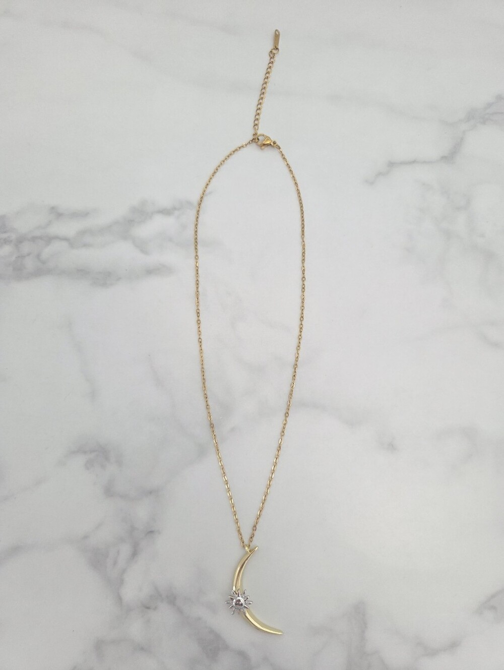 Gold Crescent Moon Sunburst Celestial Pendant Necklace - Picture 3 of 16